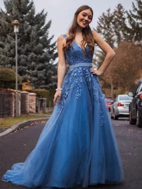 Blue V Neck Tulle Beaded Lace Appliques Long Prom with Belt, Blue Lace Formal, Blue Evening