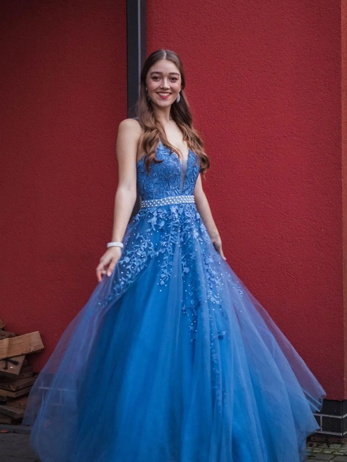 Blue V Neck Tulle Beaded Lace Appliques Long Prom with Belt, Blue Lace Formal, Blue Evening