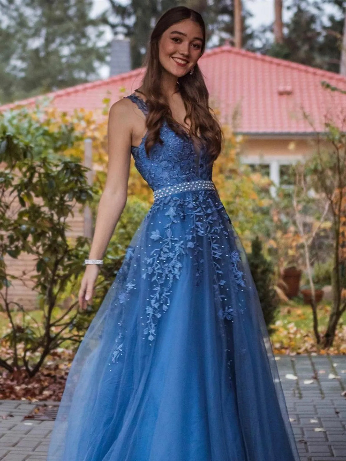 Blue V Neck Tulle Beaded Lace Appliques Long Prom with Belt, Blue Lace Formal, Blue Evening