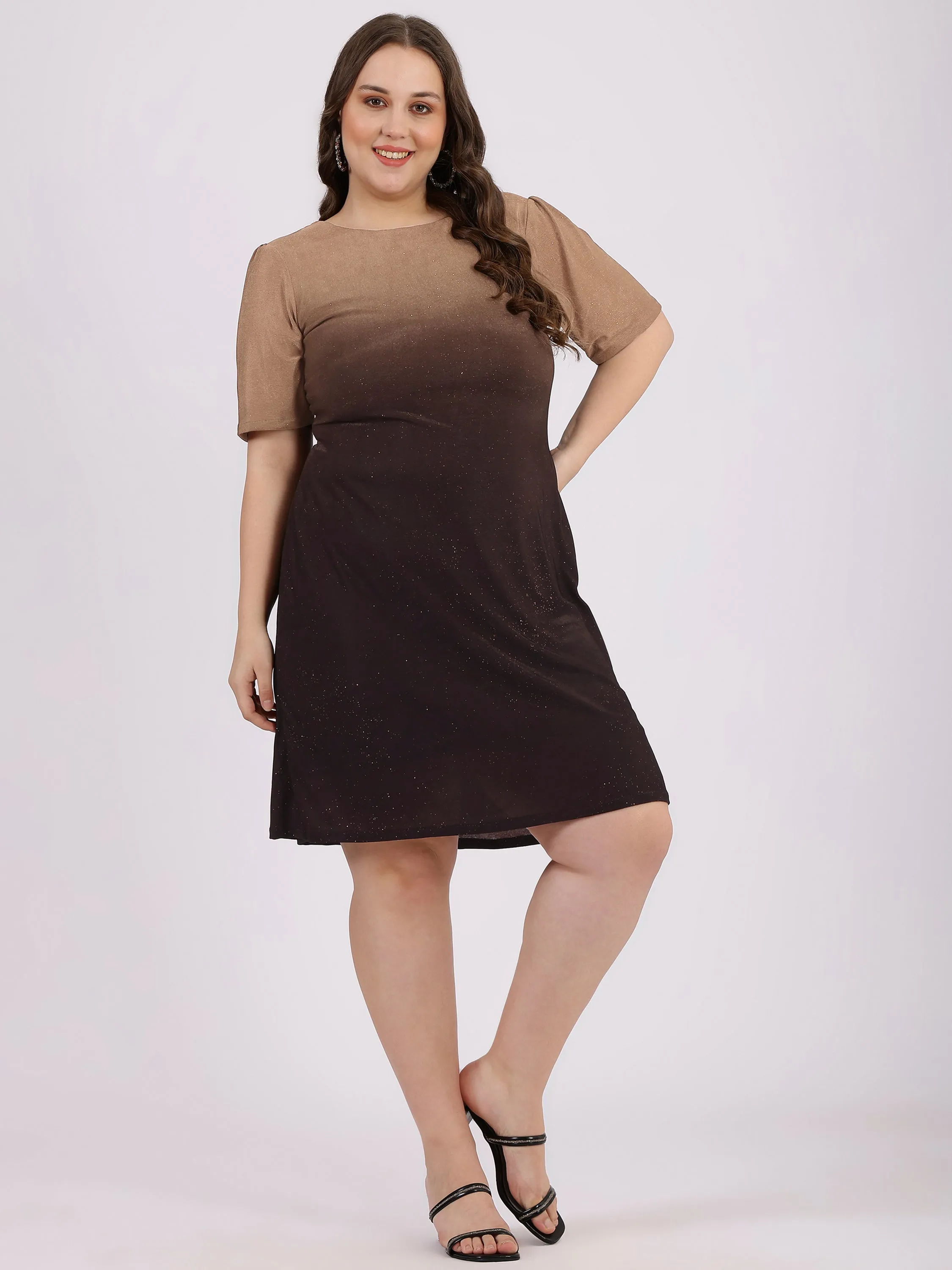 Brown Round Neck Knee-Length Party Dress