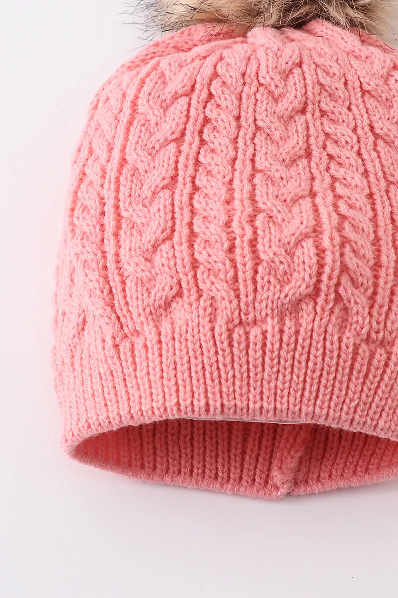 Bubblegum pink cable knit pom pom beanie hat baby toddler adult