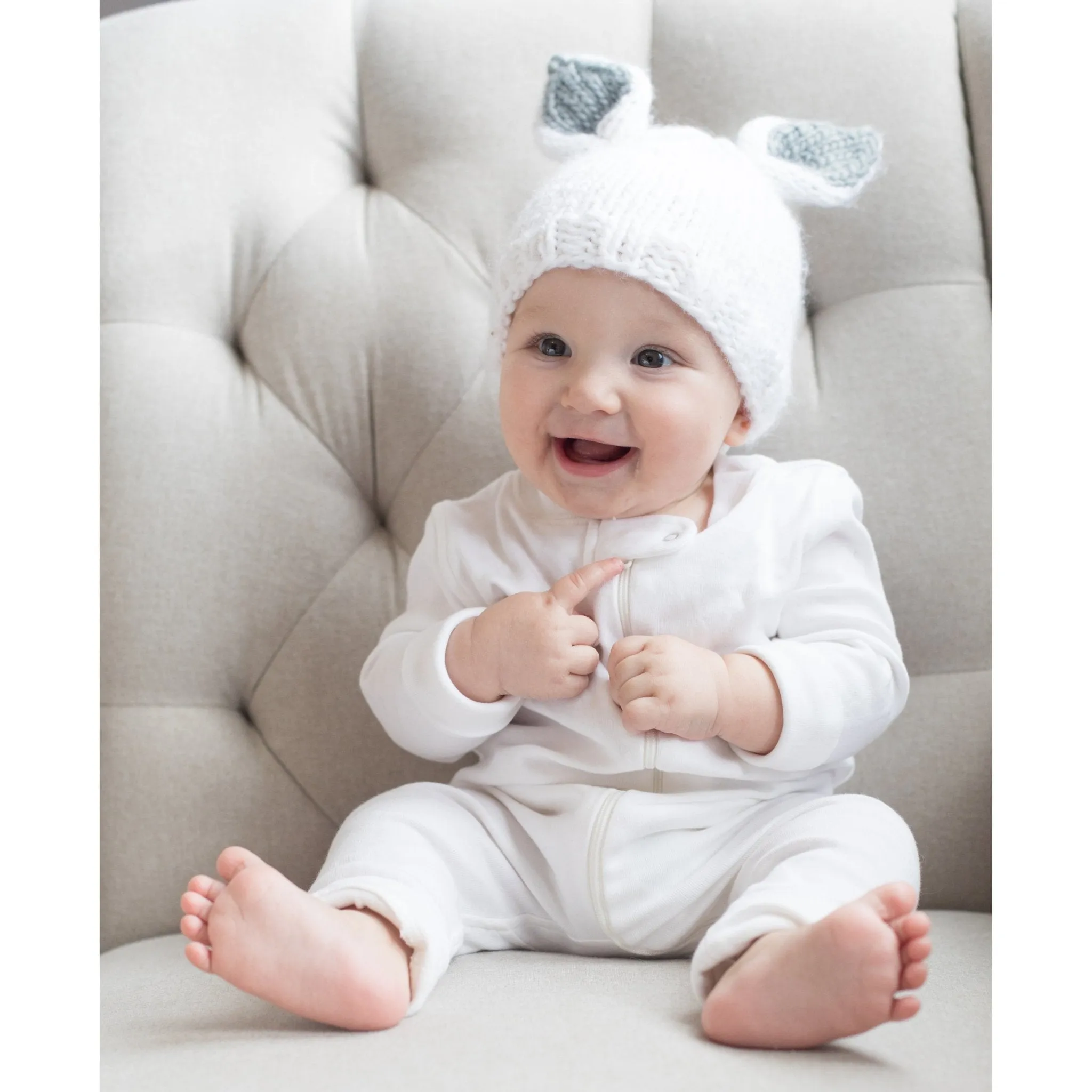 Bunny Ears White with Grey Beanie Hat