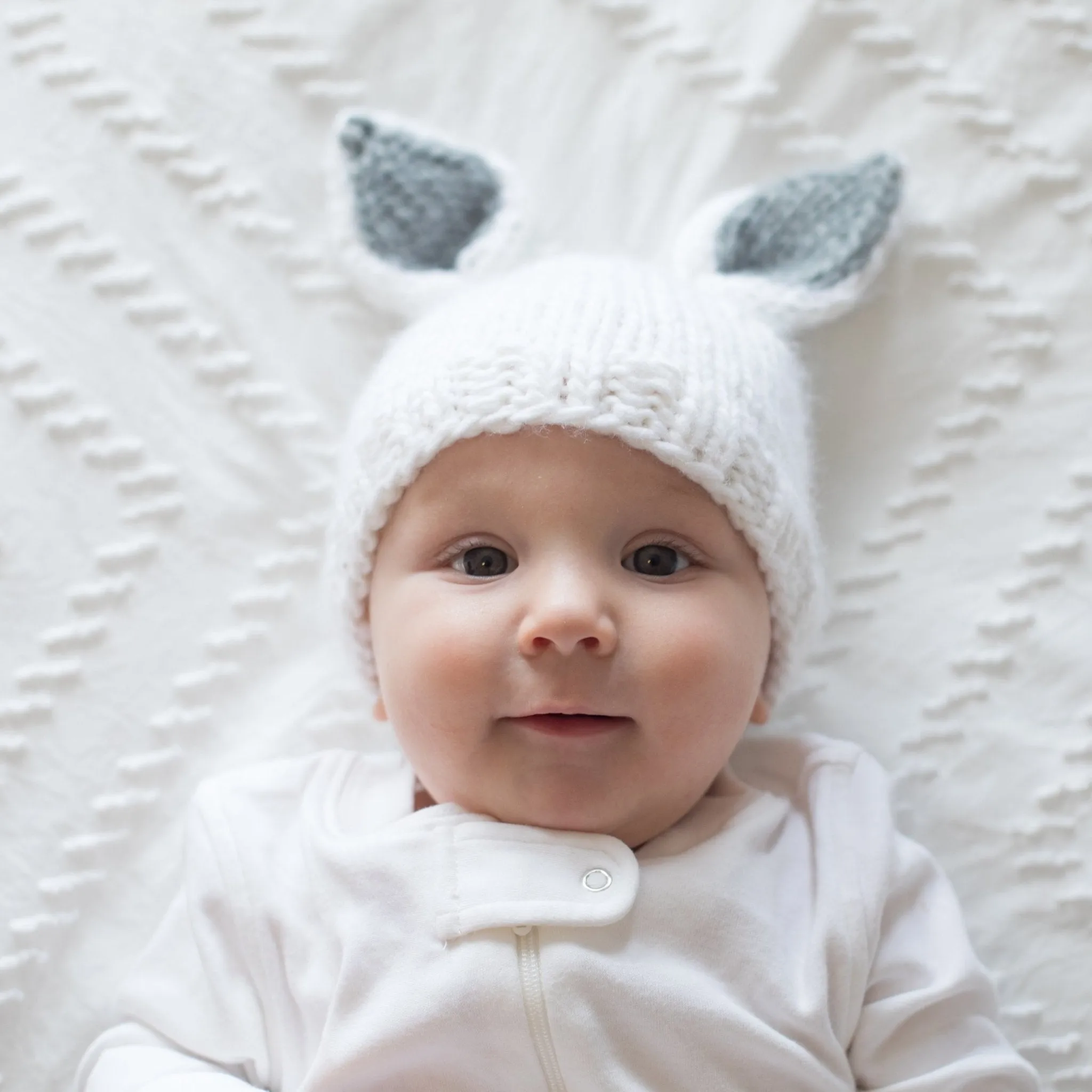 Bunny Ears White with Grey Beanie Hat