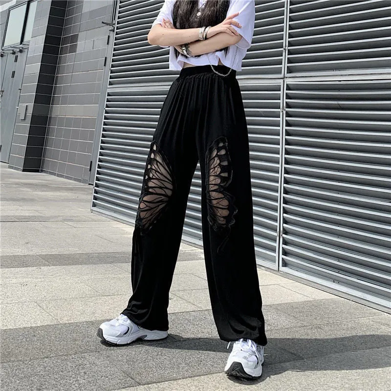 Butterfly Wings Embroidery Elastic Waist Pants