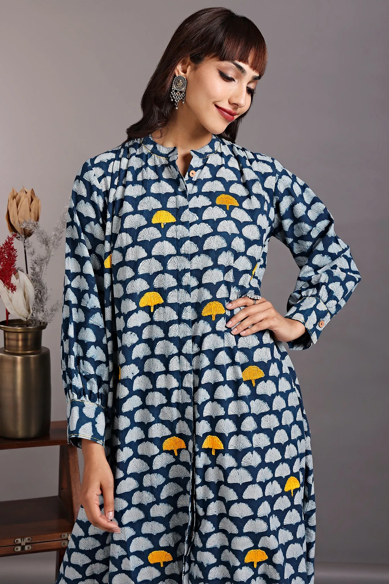 button down gather tunic - cosmopolitan sea & porcelain tulips