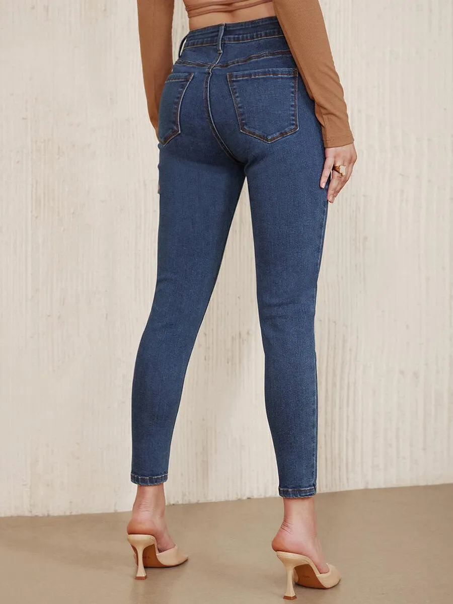 Button Front Pocket Zipper Skinny Jeans