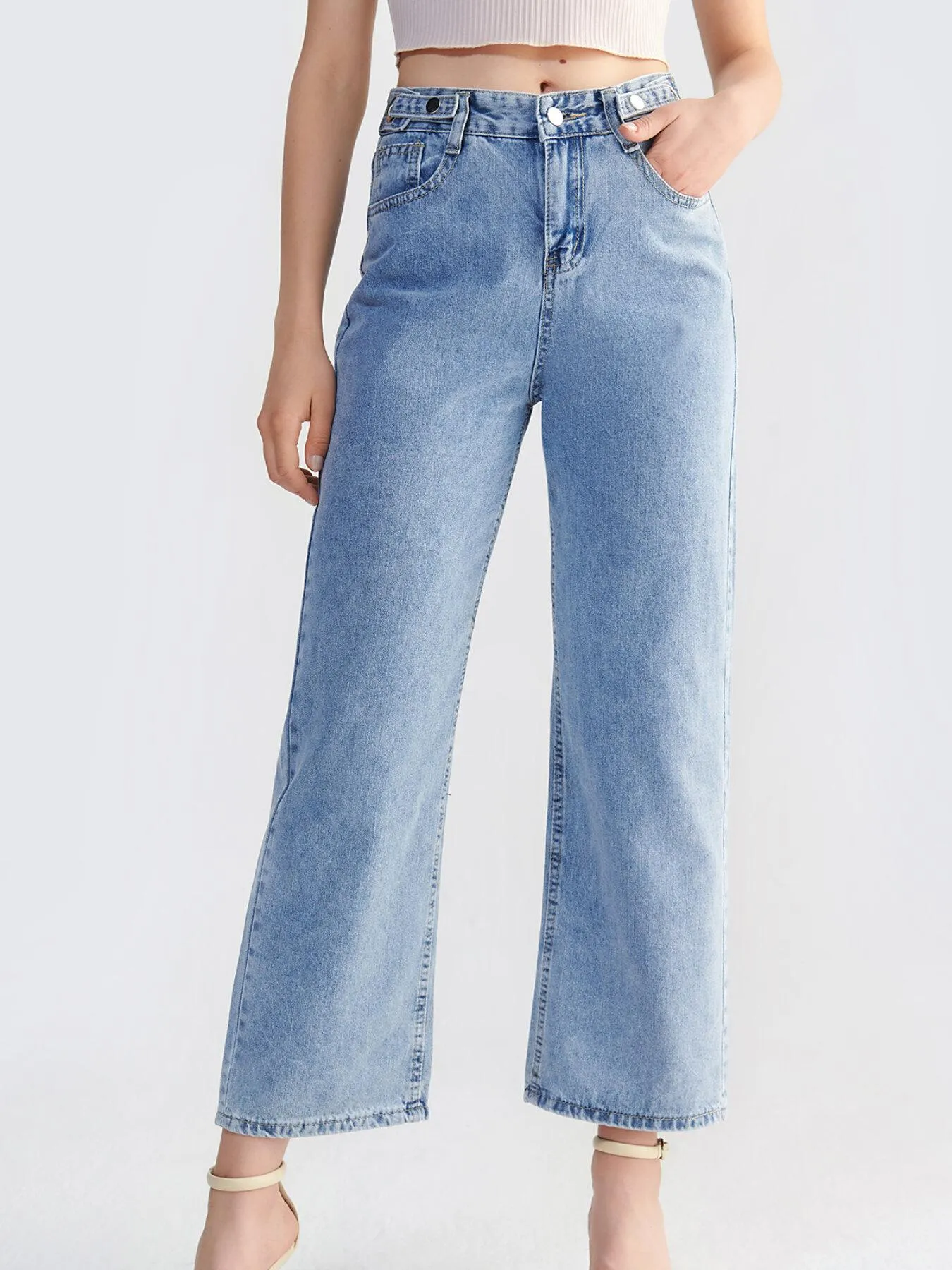 Button Front Zipper Wide Leg Jeans