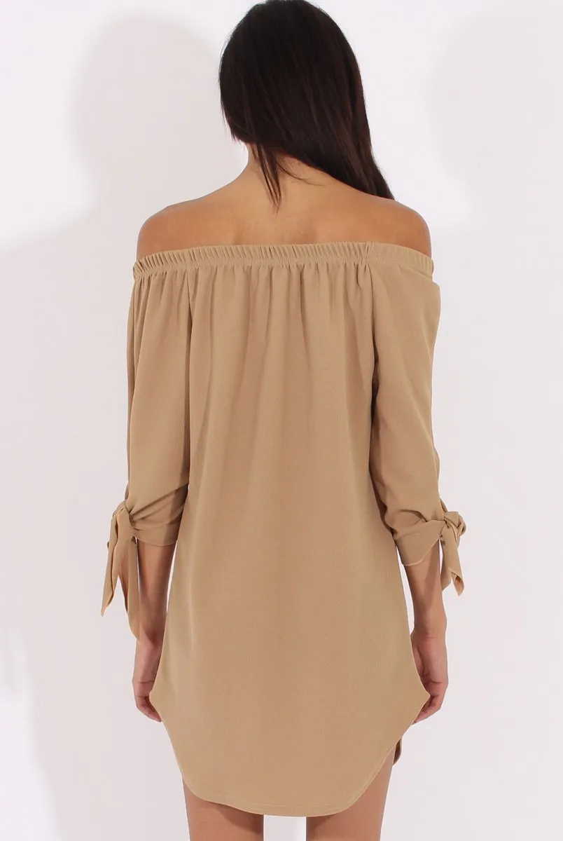 Camel Bardot Tie Cuffs Dress - Whitney