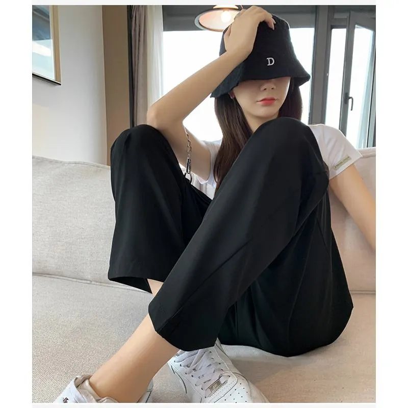 Casual Slimming Straight Thin Plus Letter Pendant Chiffon High-Waisted Pants