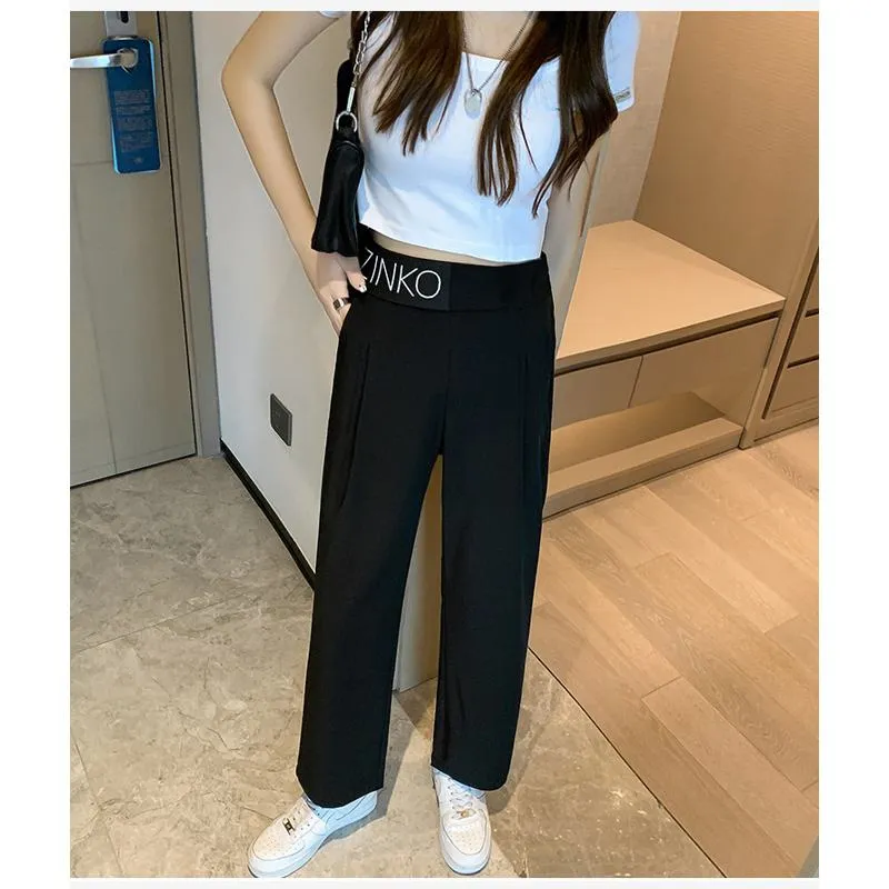 Casual Slimming Straight Thin Plus Letter Pendant Chiffon High-Waisted Pants