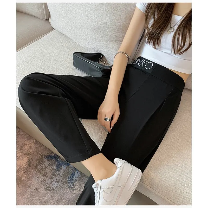 Casual Slimming Straight Thin Plus Letter Pendant Chiffon High-Waisted Pants