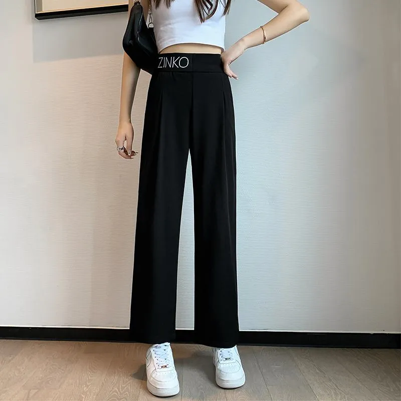 Casual Slimming Straight Thin Plus Letter Pendant Chiffon High-Waisted Pants