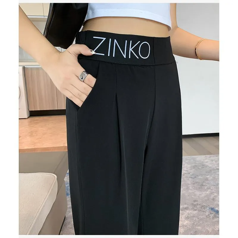 Casual Slimming Straight Thin Plus Letter Pendant Chiffon High-Waisted Pants