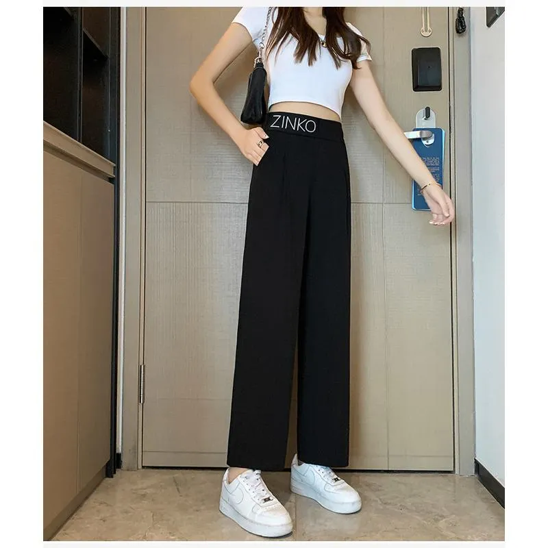 Casual Slimming Straight Thin Plus Letter Pendant Chiffon High-Waisted Pants