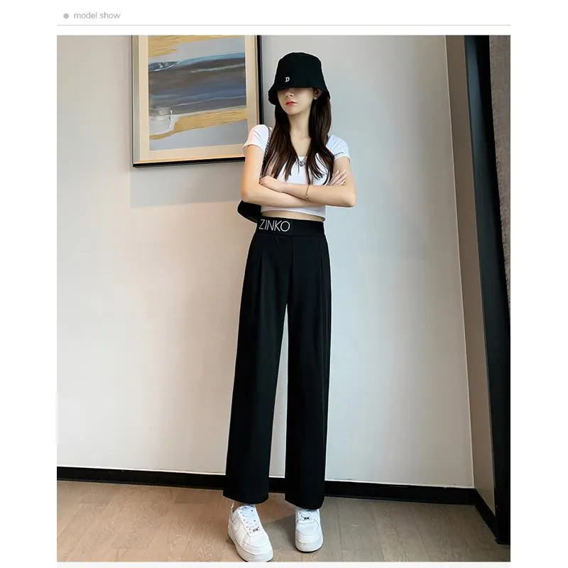 Casual Slimming Straight Thin Plus Letter Pendant Chiffon High-Waisted Pants