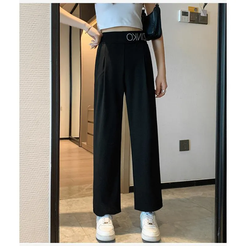 Casual Slimming Straight Thin Plus Letter Pendant Chiffon High-Waisted Pants