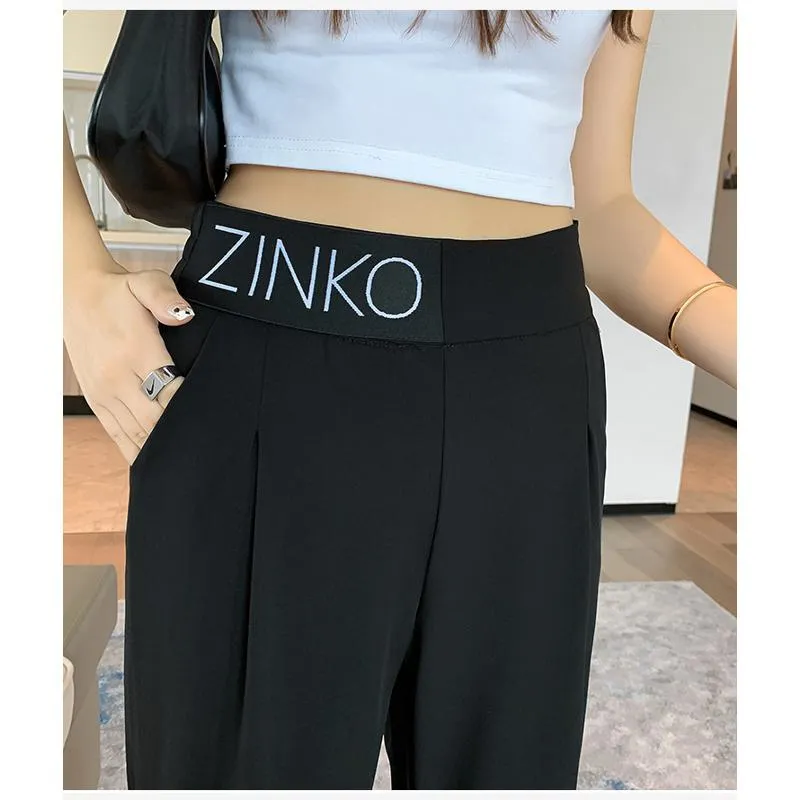 Casual Slimming Straight Thin Plus Letter Pendant Chiffon High-Waisted Pants