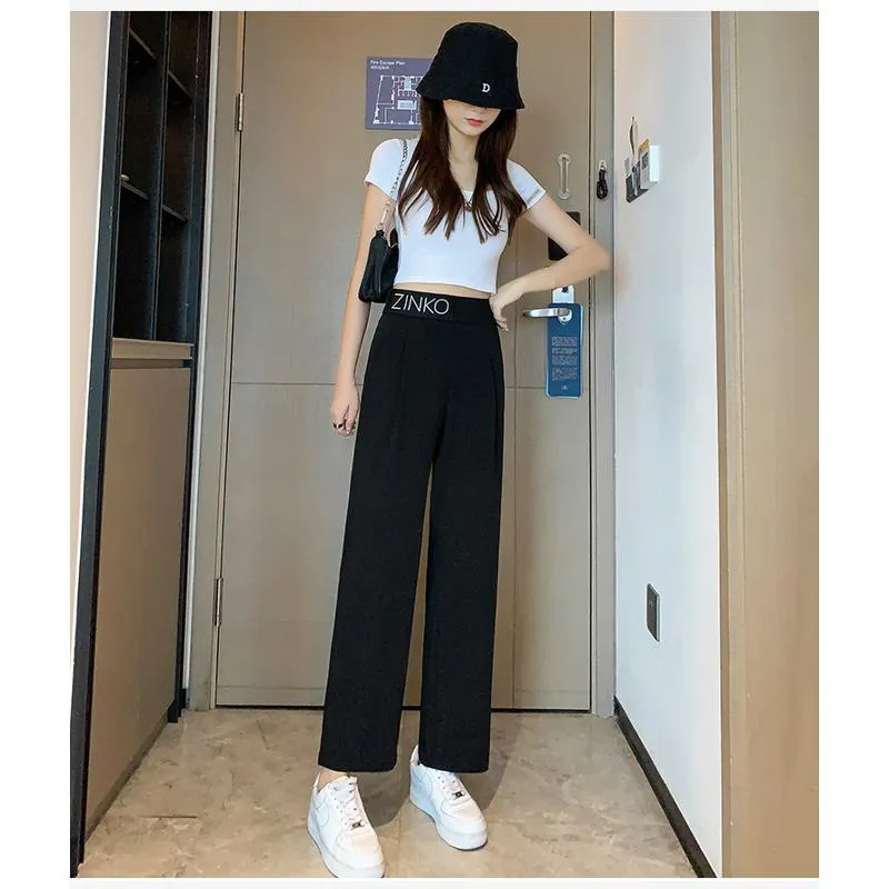 Casual Slimming Straight Thin Plus Letter Pendant Chiffon High-Waisted Pants