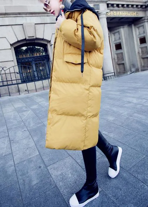 Casual trendy plus size down jacket overcoat yellow hooded drawstring down jacket woman