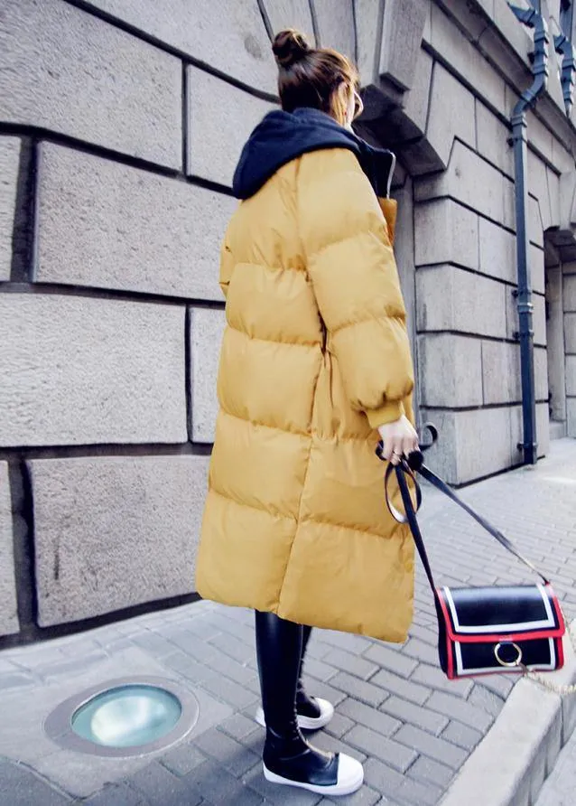 Casual trendy plus size down jacket overcoat yellow hooded drawstring down jacket woman