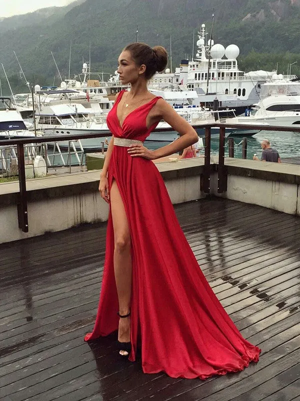 Charming V Neck Deep Slit Red Prom, Red Formal, Red Evening