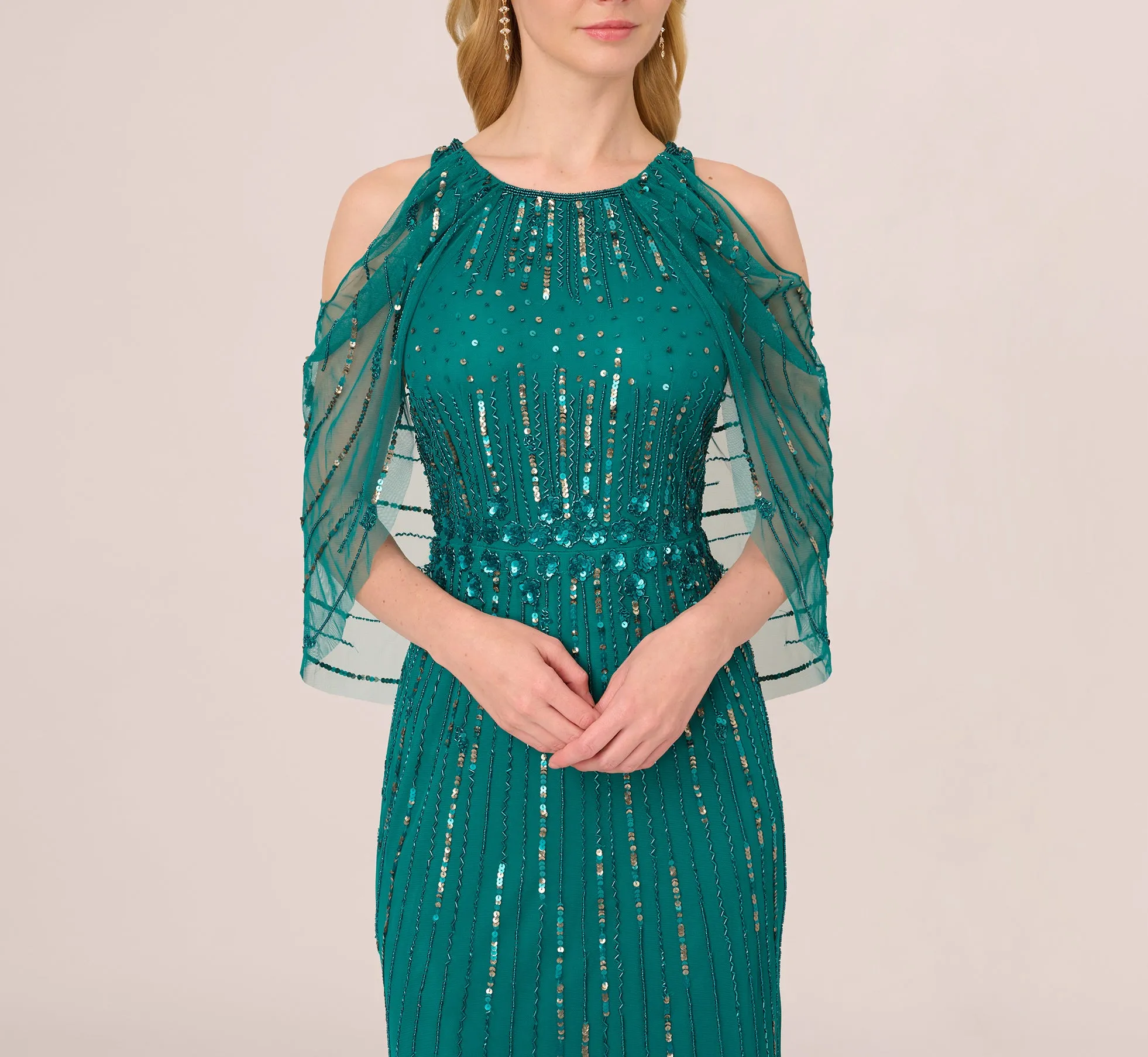 Cold Shoulder Beaded Cape Gown In Vivid Emerald