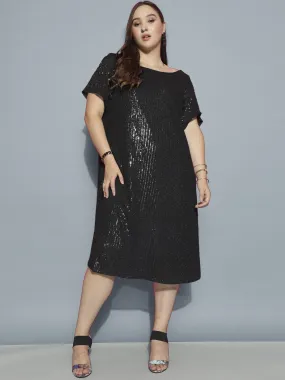 Curvy Lane Women Plus Size Boat Neck Sequins Dress with Slit Sleeves