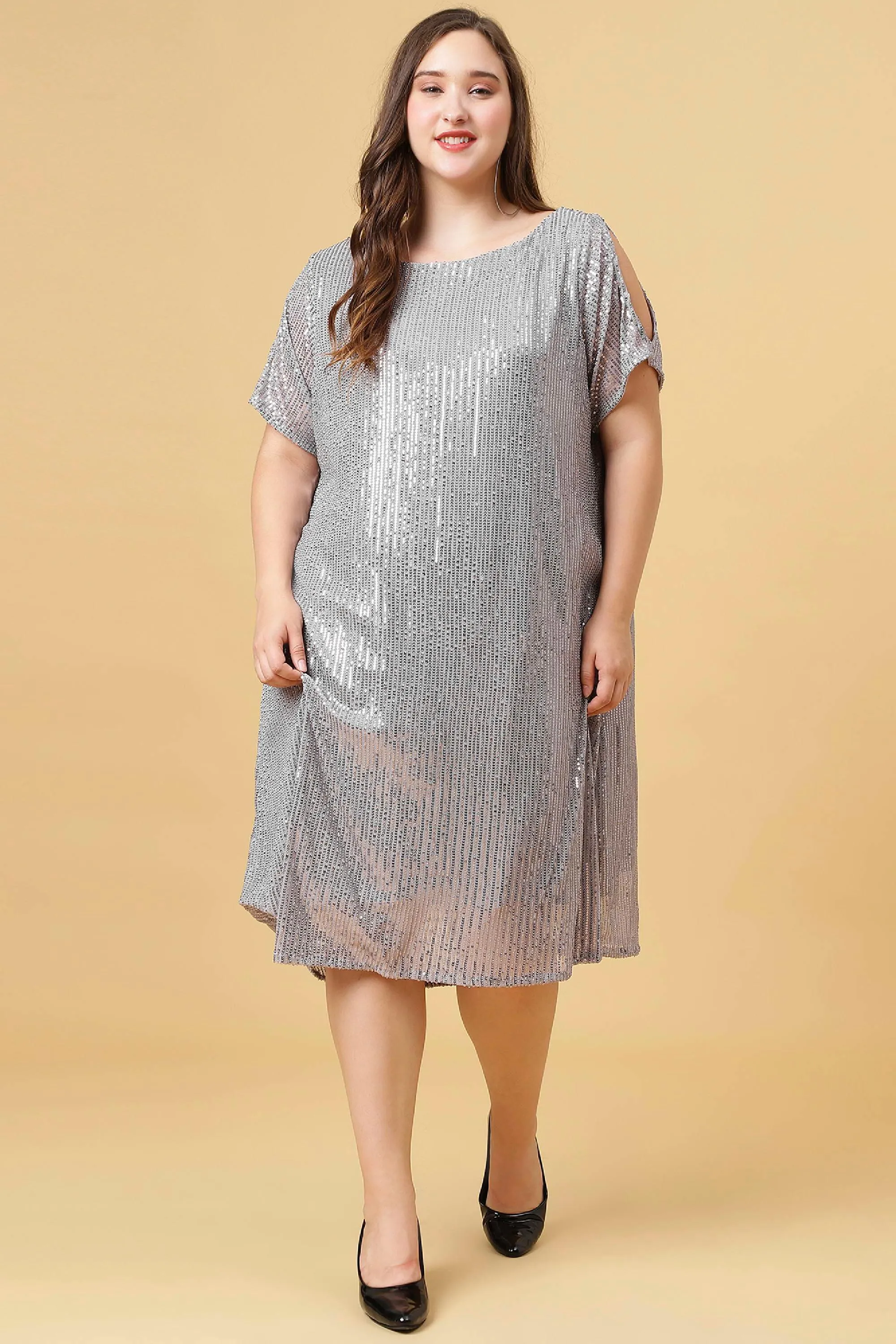 Curvy Lane Women Plus Size Boat Neck Sequins Dress with Slit Sleeves