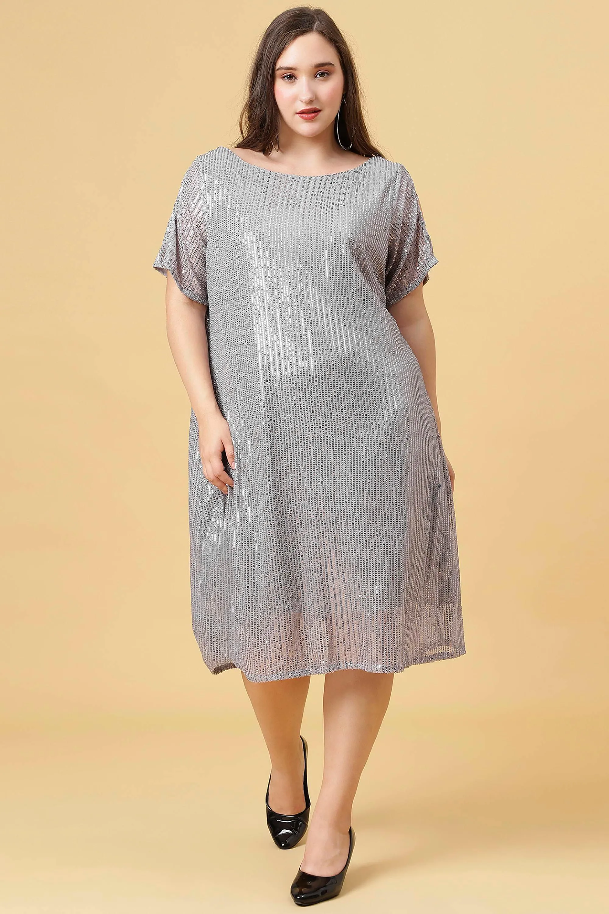 Curvy Lane Women Plus Size Boat Neck Sequins Dress with Slit Sleeves