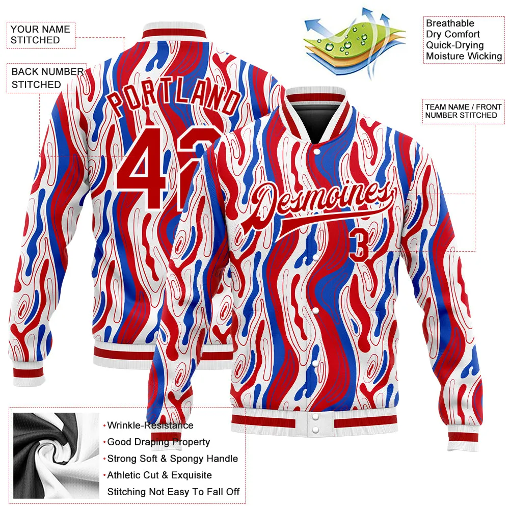 Custom Figure Red-Royal 3D Bomber Full-Snap Varsity Letterman Jacket