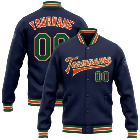 Custom Navy Kelly Green-Orange Bomber Full-Snap Varsity Letterman Jacket