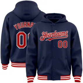 Custom Navy Red-White Bomber Full-Snap Varsity Letterman Hoodie Jacket