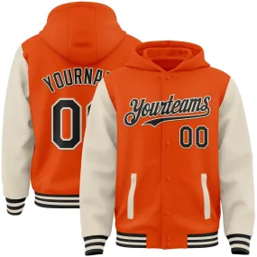 Custom Orange Black-Cream Bomber Full-Snap Varsity Letterman Two Tone Hoodie Jacket