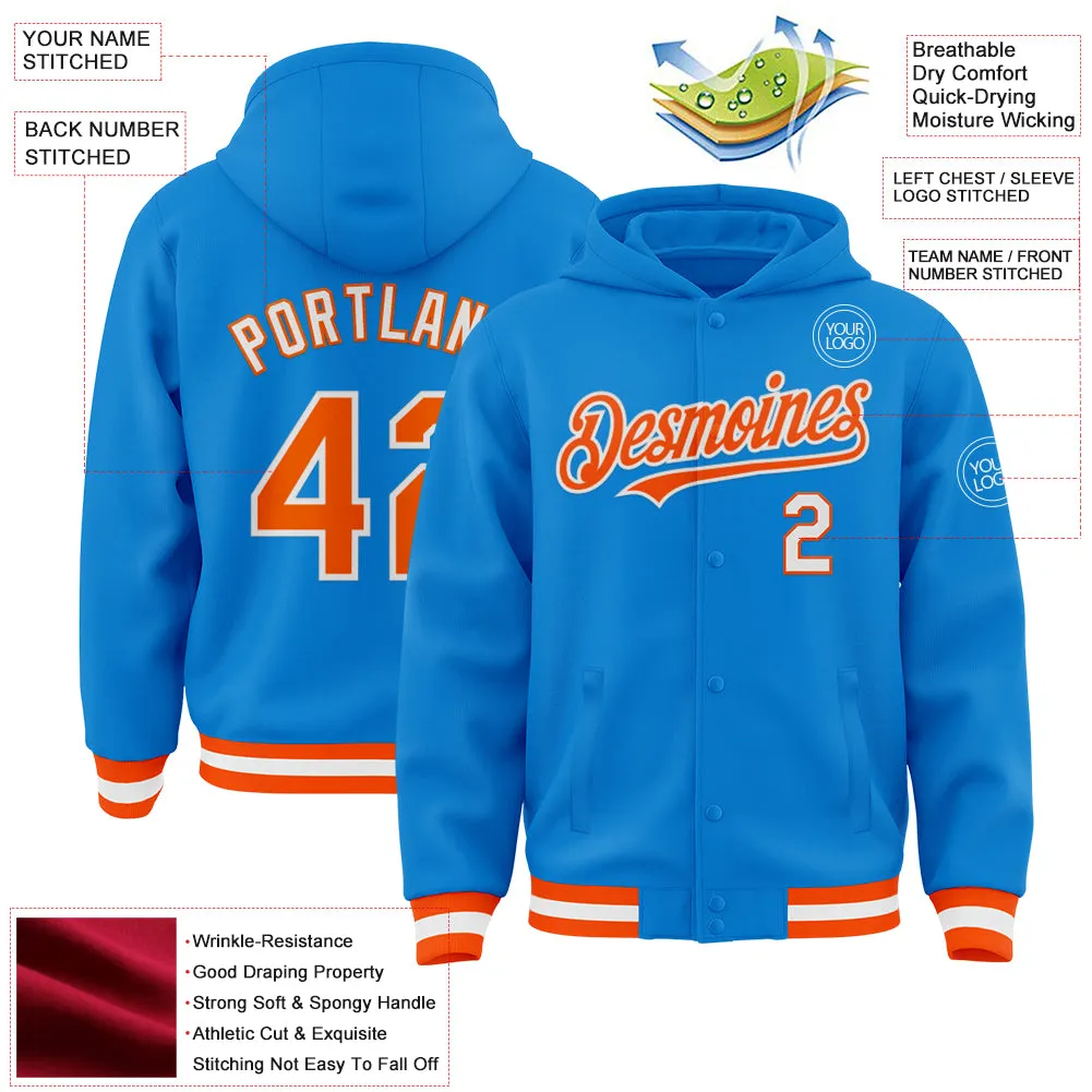 Custom Powder Blue Orange-White Bomber Full-Snap Varsity Letterman Hoodie Jacket