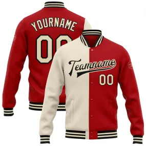 Custom Red Cream-Black Bomber Full-Snap Varsity Letterman Split Fashion Jacket