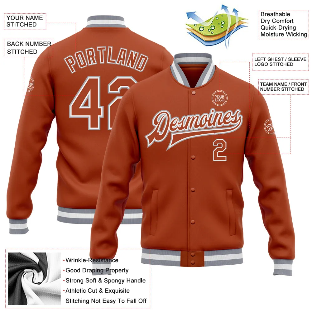 Custom Texas Orange Texas Orange Gray-White Bomber Full-Snap Varsity Letterman Jacket