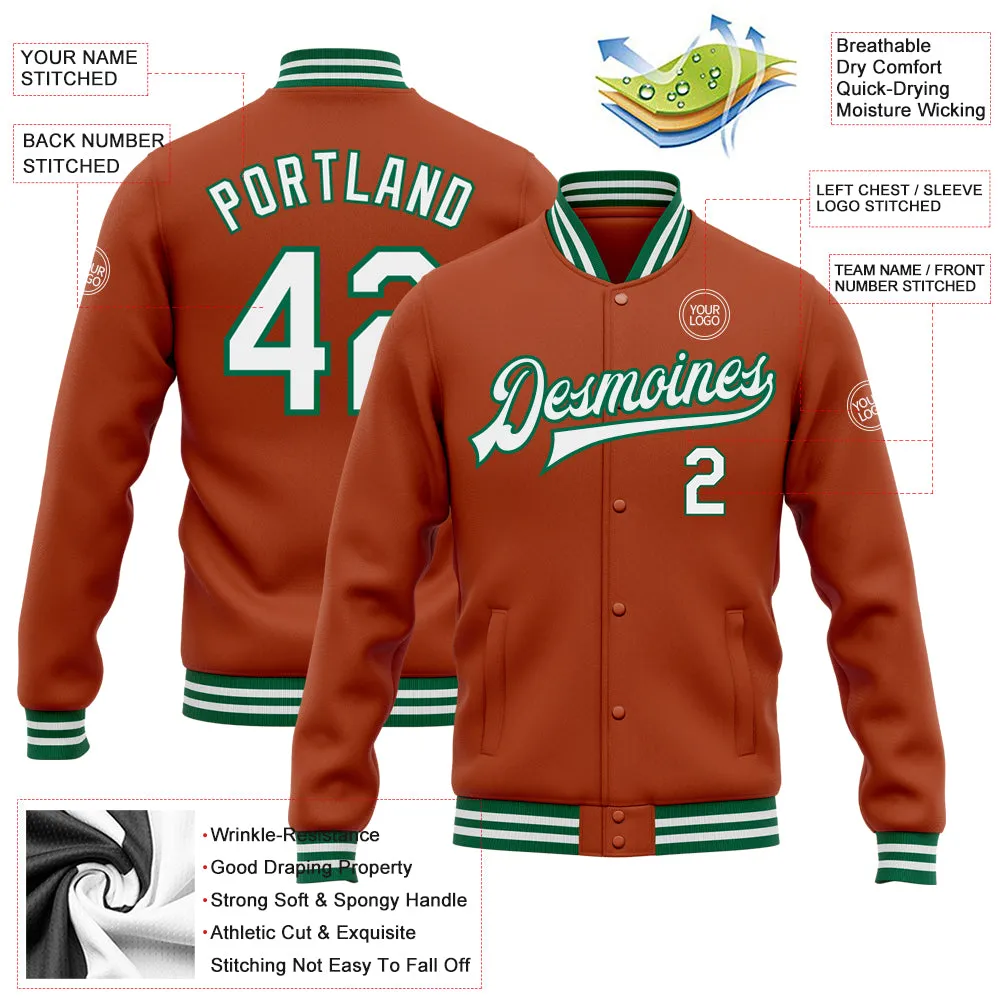 Custom Texas Orange White-Kelly Green Bomber Full-Snap Varsity Letterman Jacket