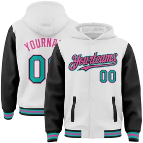 Custom White Aqua Black-Pink Bomber Full-Snap Varsity Letterman Two Tone Hoodie Jacket