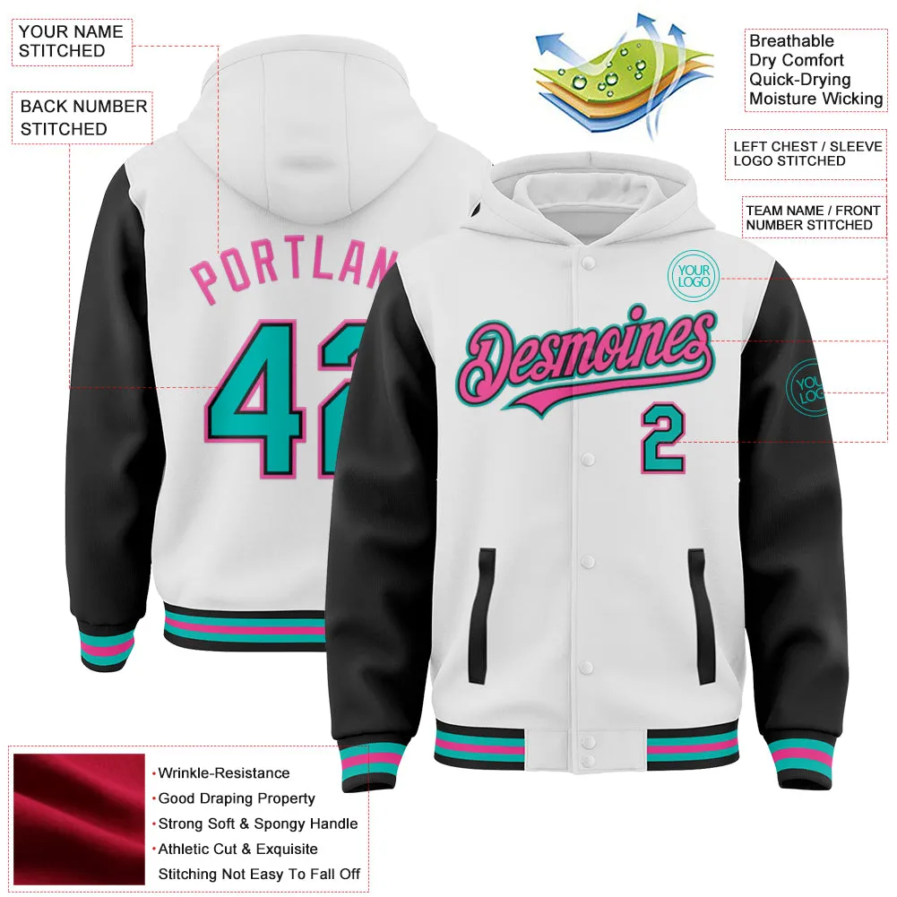 Custom White Aqua Black-Pink Bomber Full-Snap Varsity Letterman Two Tone Hoodie Jacket