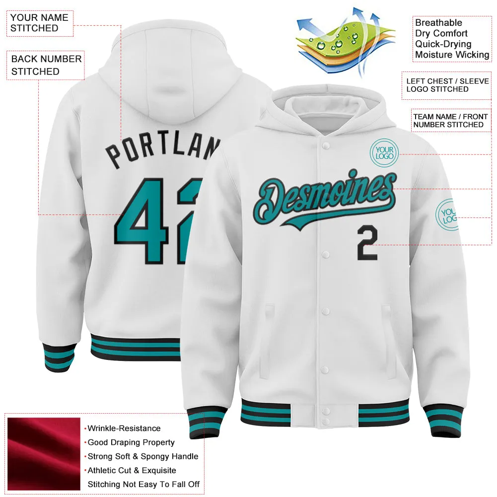 Custom White Teal-Black Bomber Full-Snap Varsity Letterman Hoodie Jacket