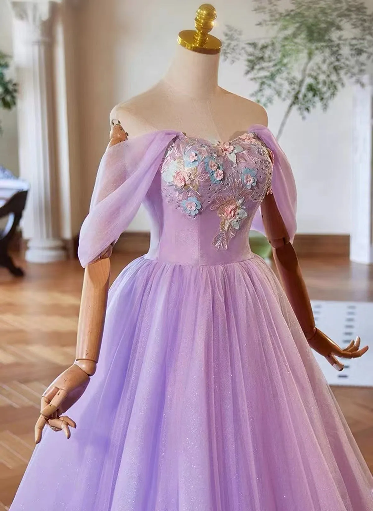 Cute A-line Lavender Sweethart Lace Applique Party Dress, Long Prom Dress