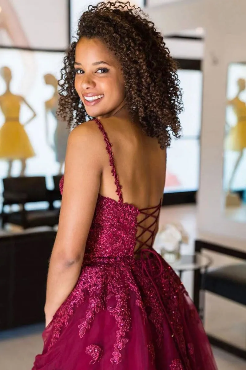 Cute V Neck Backless Burgundy Lace Short Prom Dress, Short Maroon Lace Formal Graduation Homecoming Dress