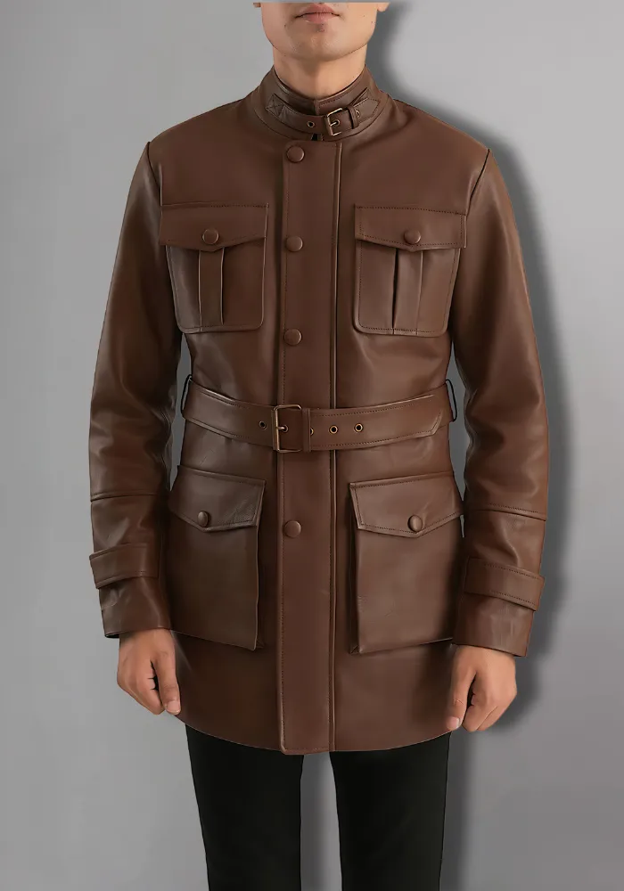 Dark Brown Button Pocket Leather Jacket