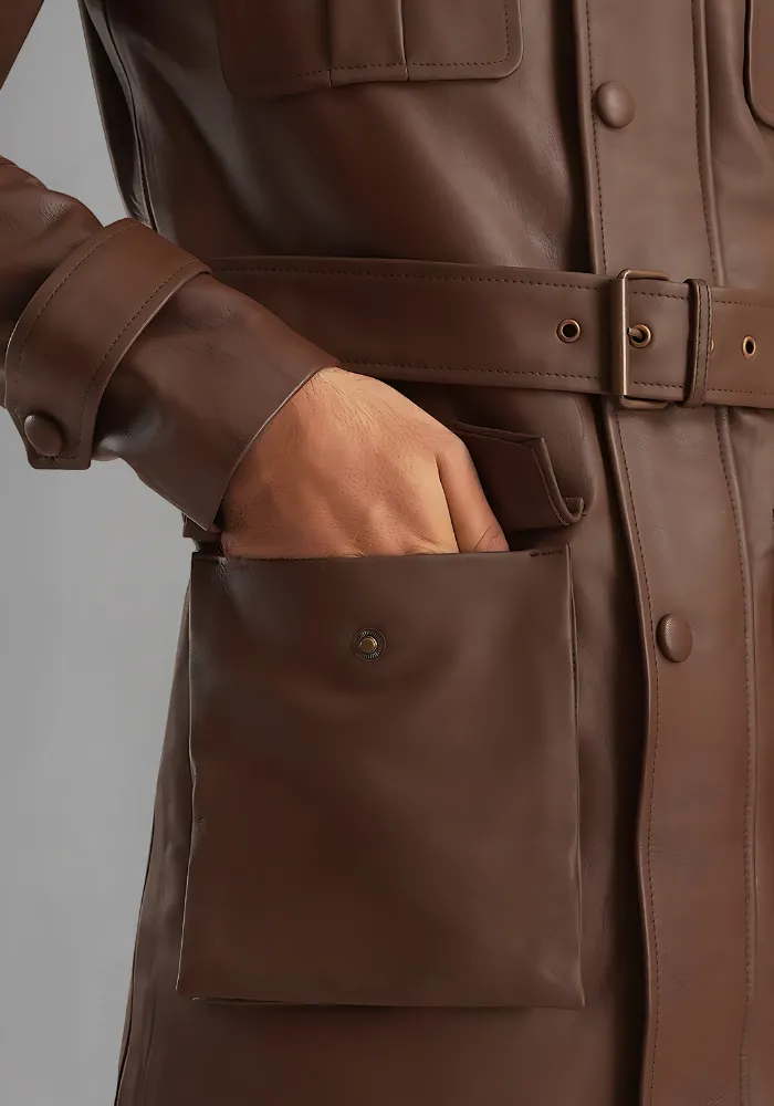 Dark Brown Button Pocket Leather Jacket