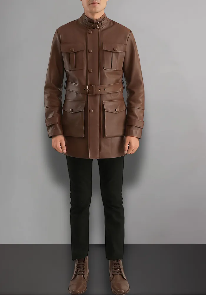 Dark Brown Button Pocket Leather Jacket