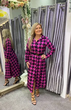 Dog tooth midi shirt dress - one size fits 8-14 - fushia/black