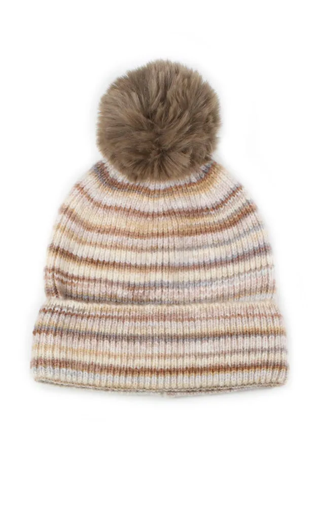 EHT10687 MULTI COLOR KNIT BEANIE W/POMPOM