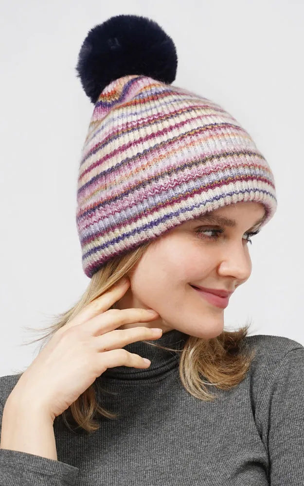 EHT10687 MULTI COLOR KNIT BEANIE W/POMPOM