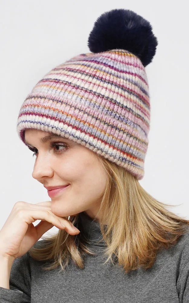 EHT10687 MULTI COLOR KNIT BEANIE W/POMPOM