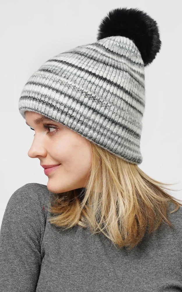 EHT10687 MULTI COLOR KNIT BEANIE W/POMPOM